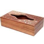 Handcrafted Wooden Tissue Paper Holder Box with Floral Carving