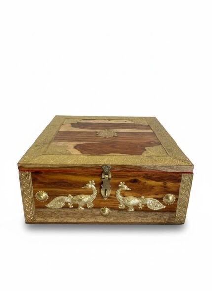 Handcrafted Wooden Jewellery Box with Brass Peacock Design