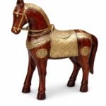 Handcrafted Wooden Horse Figurine with Gold Emboss Detailing | Traditional Decorative Showpiece