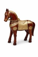 Handcrafted Wooden Horse Figurine with Gold Emboss Detailing | Traditional Decorative Showpiece